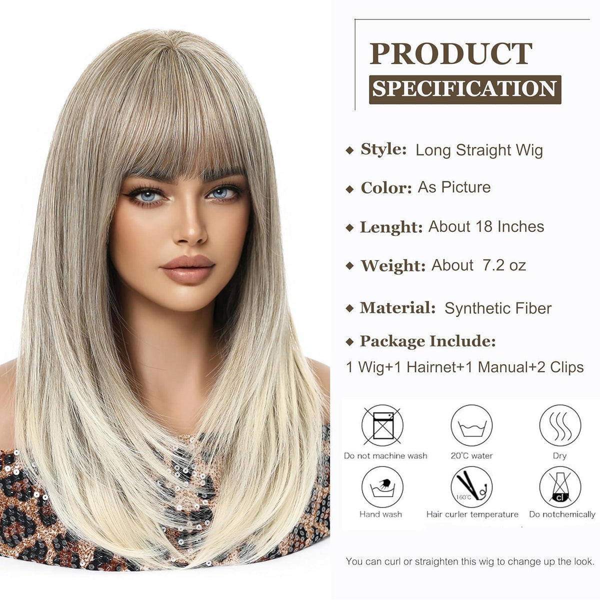 Aschblond Perücke mit Pony – Langes, glattes Synthetikhaar