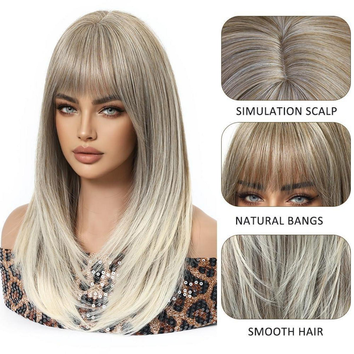 Aschblond Perücke mit Pony – Langes, glattes Synthetikhaar