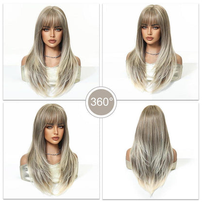 Aschblond Perücke mit Pony – Langes, glattes Synthetikhaar