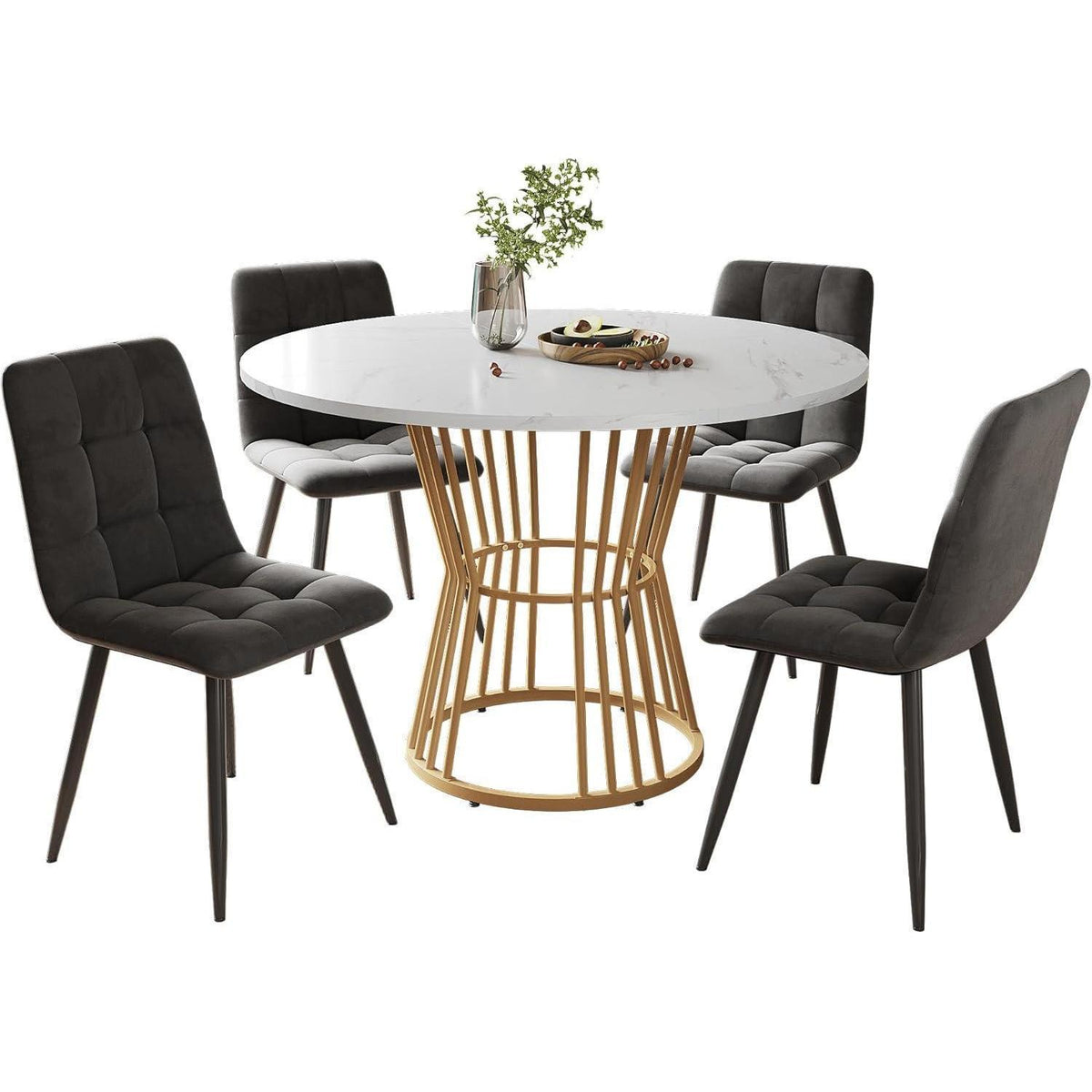 5-teiliges Esstisch Set Grau & Gold – Modernes Esszimmer mit Stühlen