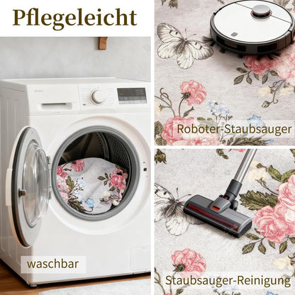 Waschbarer Kurzflor Teppich 200x300cm Schmetterlingsblumen Grau