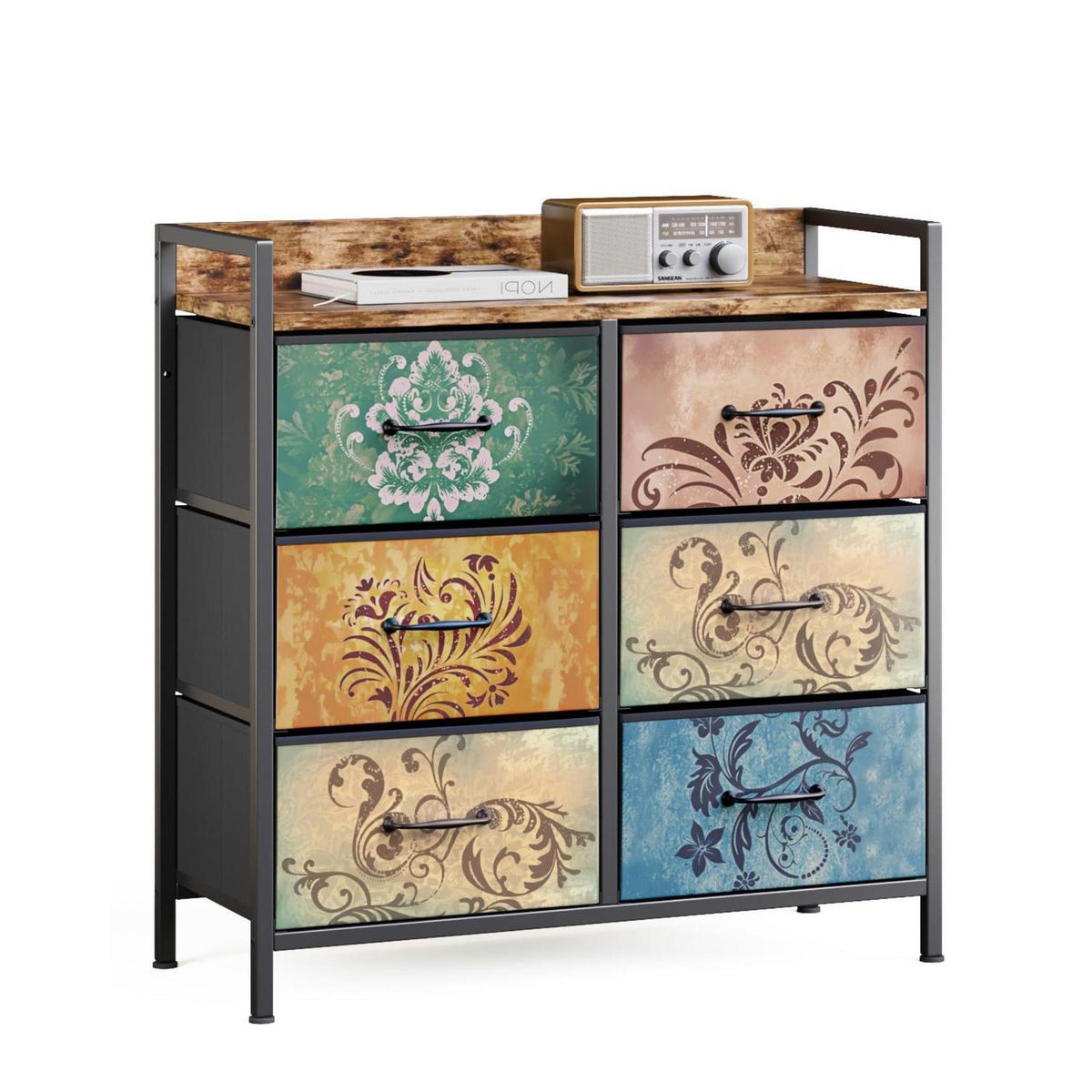 Kommode mit 6 Schubladen, Vintage-Blumenmuster, Rustikales Braun