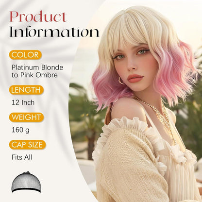 Bob Perücke mit Pony, Cremefarben-Gold Übergang, Rosa Locken
