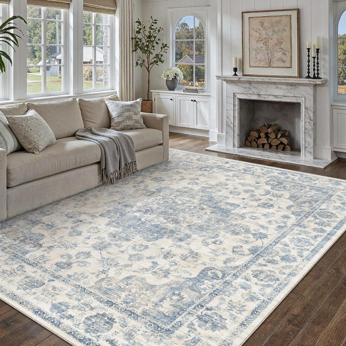Vintage Teppich Blau 200x300cm - Waschbarer Wohnzimmerteppich