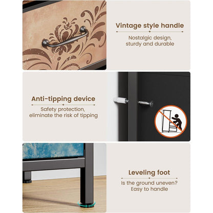 Kommode mit 7 Schubladen, Vintage-Blumenmuster, Rustikales Design