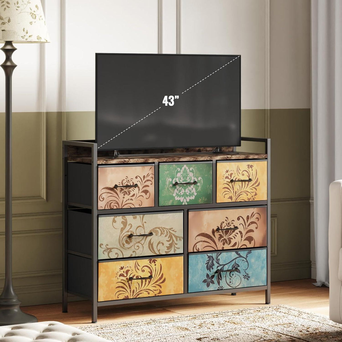 Kommode mit 7 Schubladen, Vintage-Blumenmuster, Rustikales Design