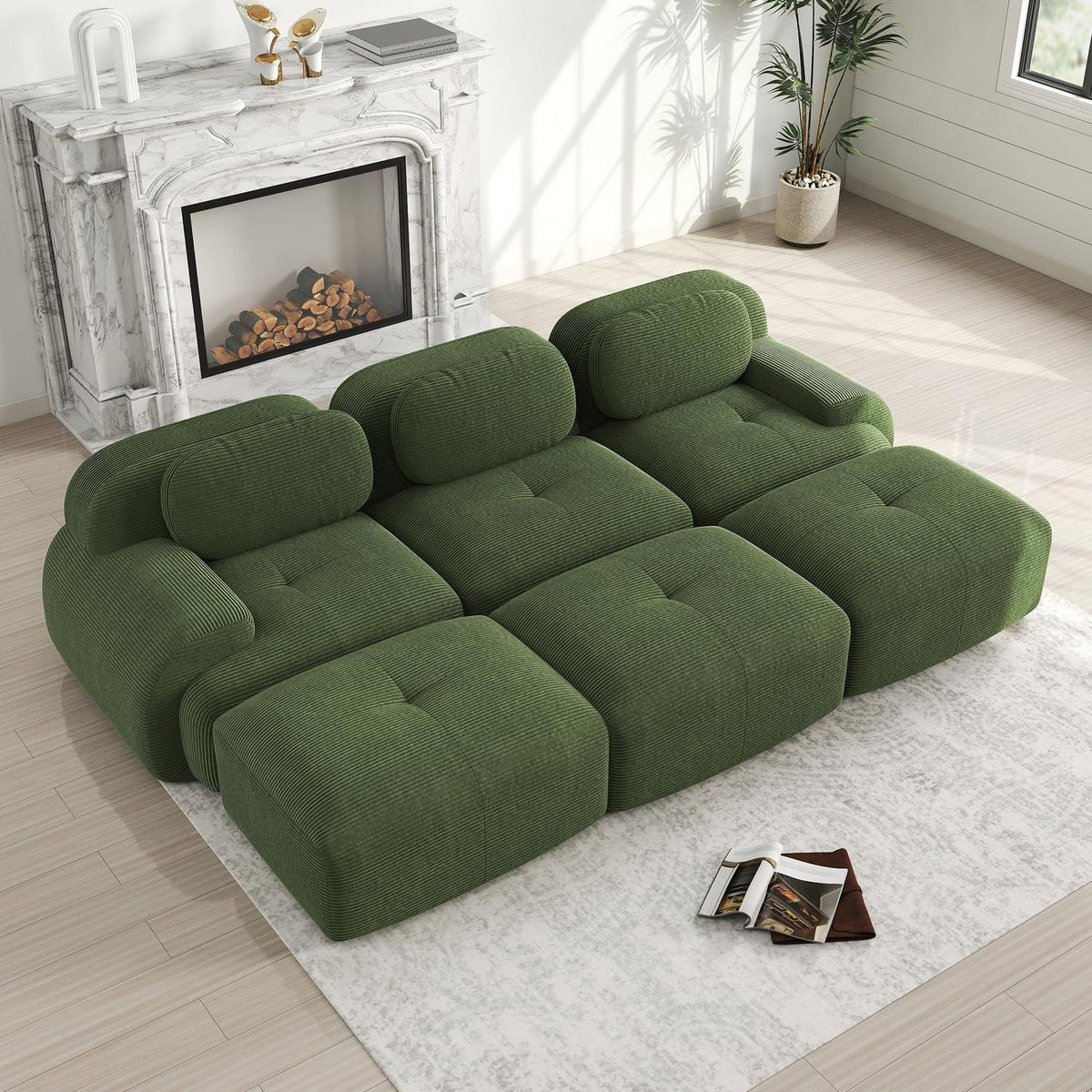 Modulares 3-Sitzer Cord Sofa mit Ottomane – Grün