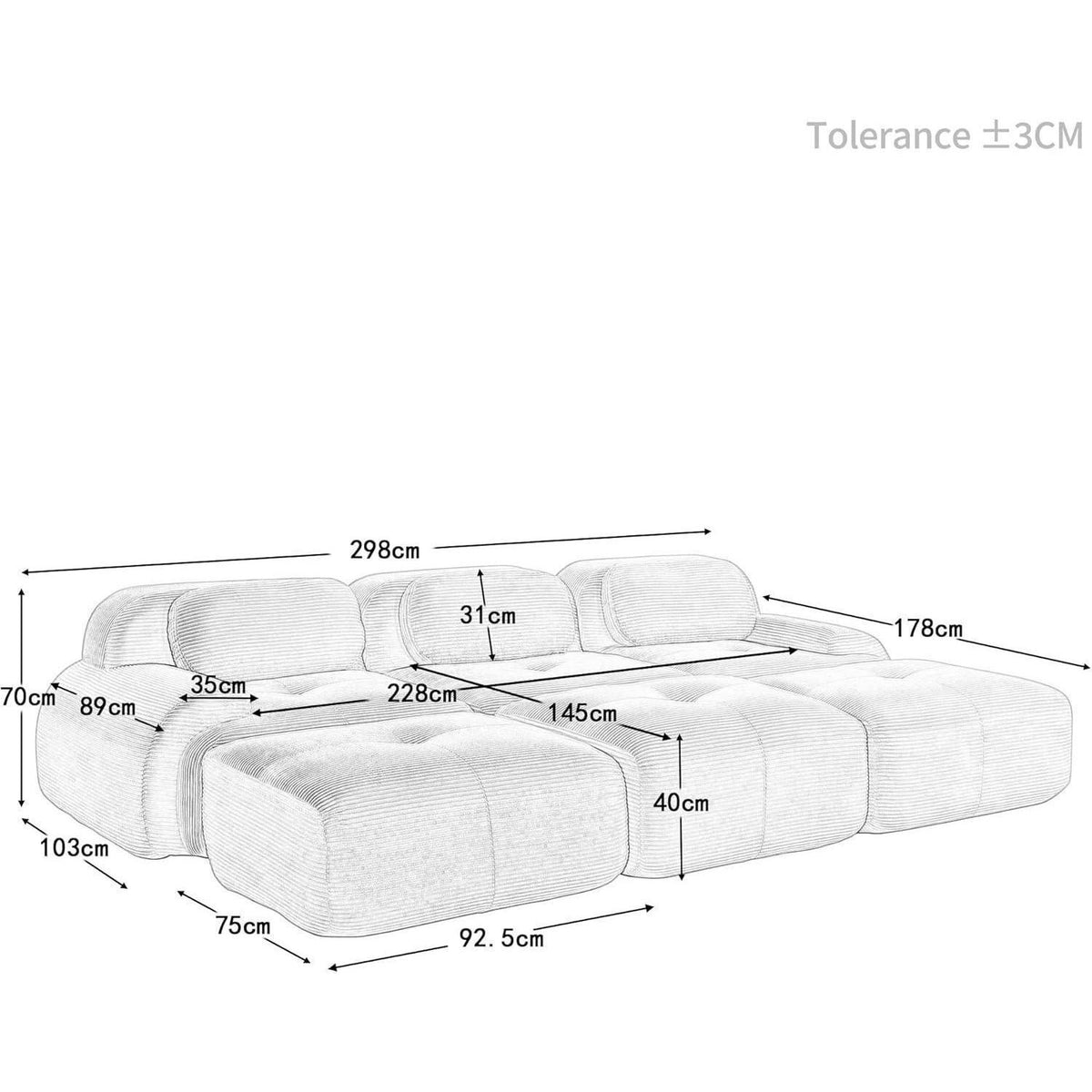 Modulares 3-Sitzer Cord Sofa mit Ottomane – Grün