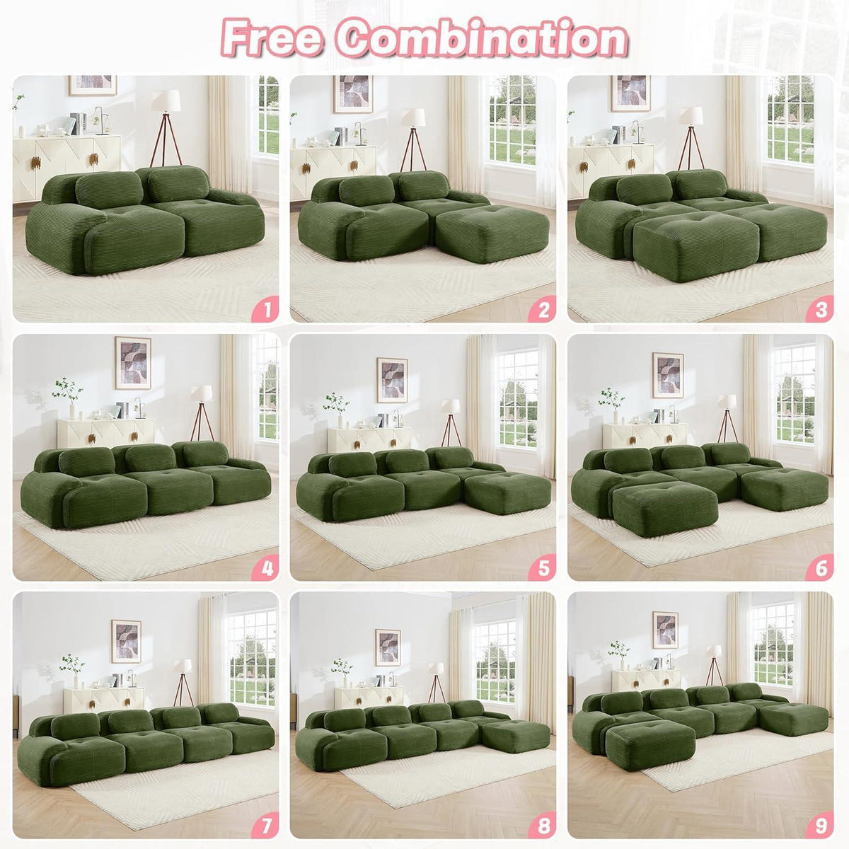 Modulares 3-Sitzer Cord Sofa mit Ottomane – Grün