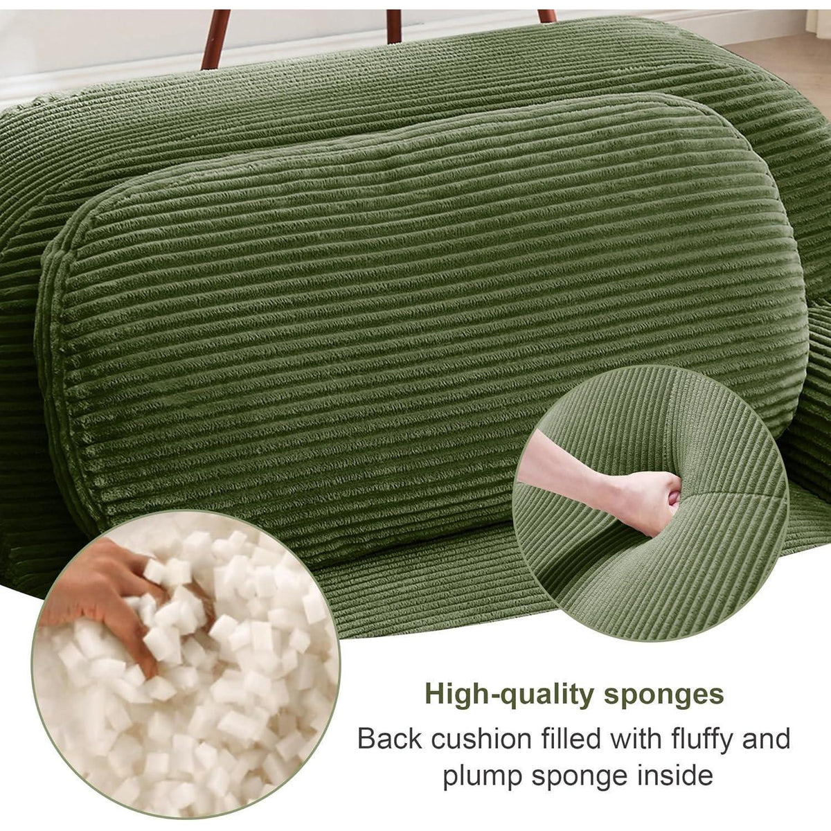 Modulares 3-Sitzer Cord Sofa mit Ottomane – Grün