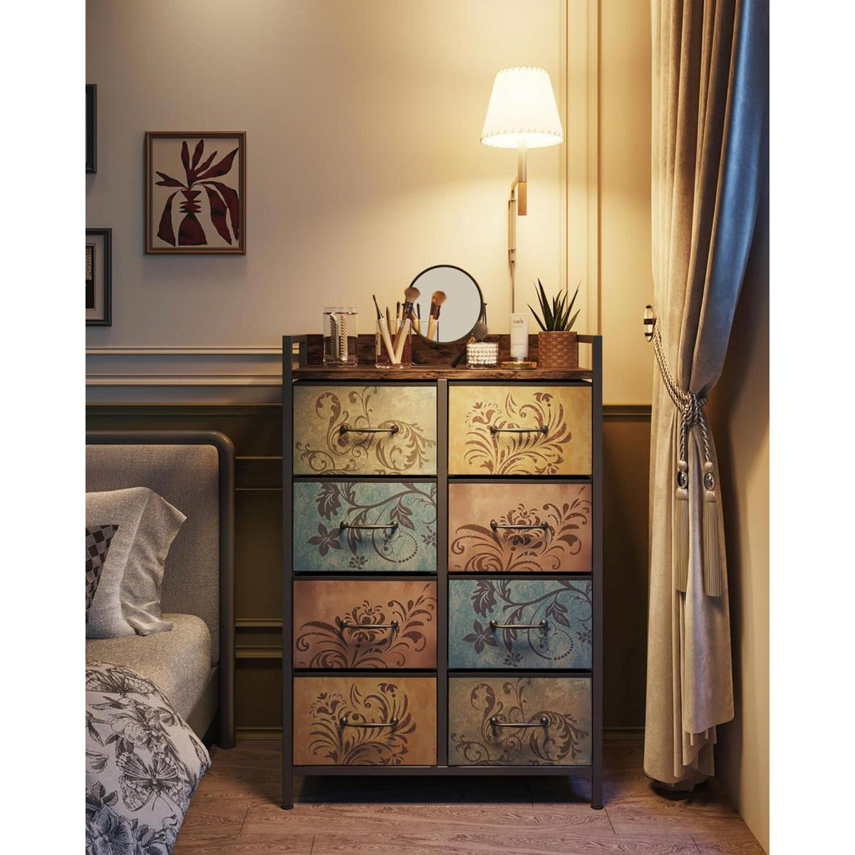 Kommode mit 8 Schubladen, Vintage-Blumenmuster, Rustikales Braun