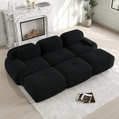 Modulares 3-Sitzer Cord Sofa mit Ottomane – Schwarz