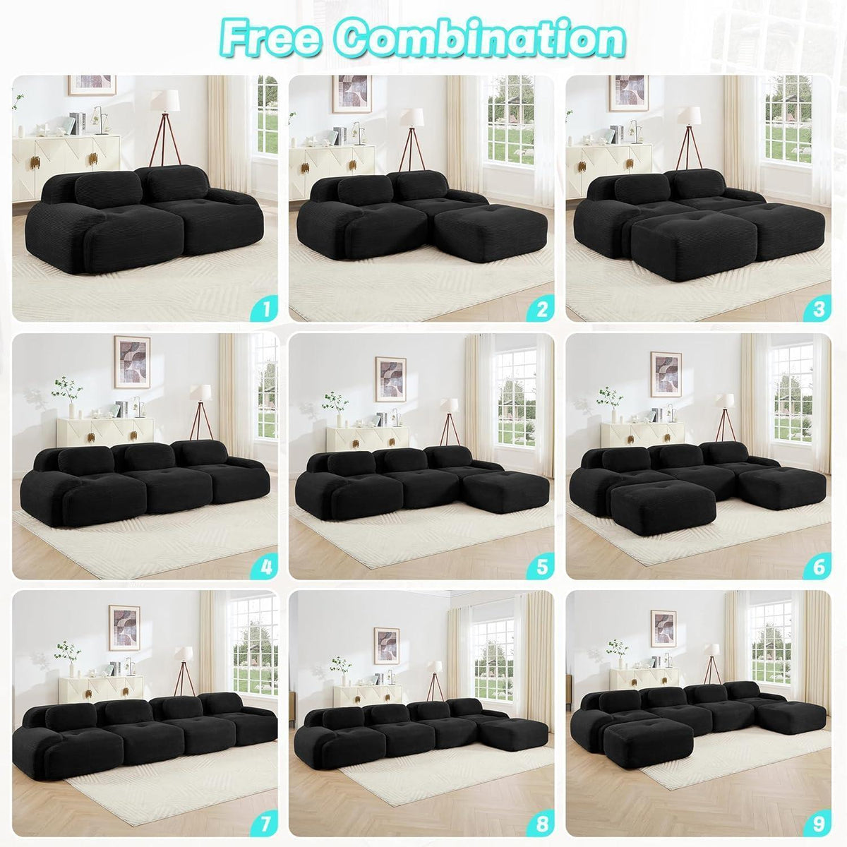 Modulares 3-Sitzer Cord Sofa mit Ottomane – Schwarz