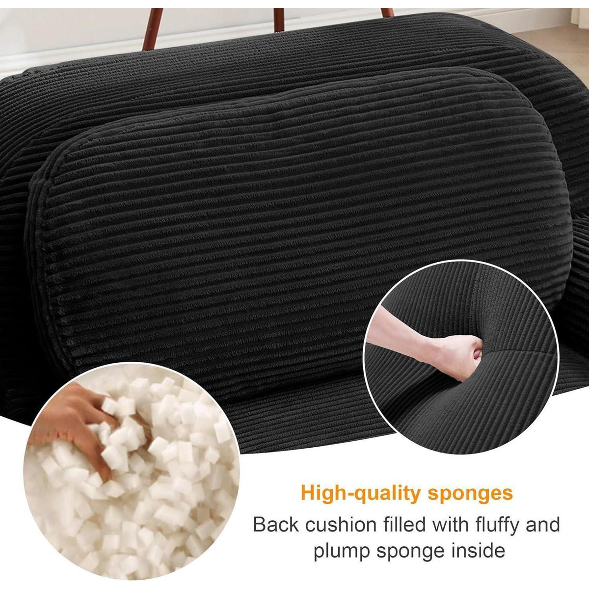 Modulares 3-Sitzer Cord Sofa mit Ottomane – Schwarz