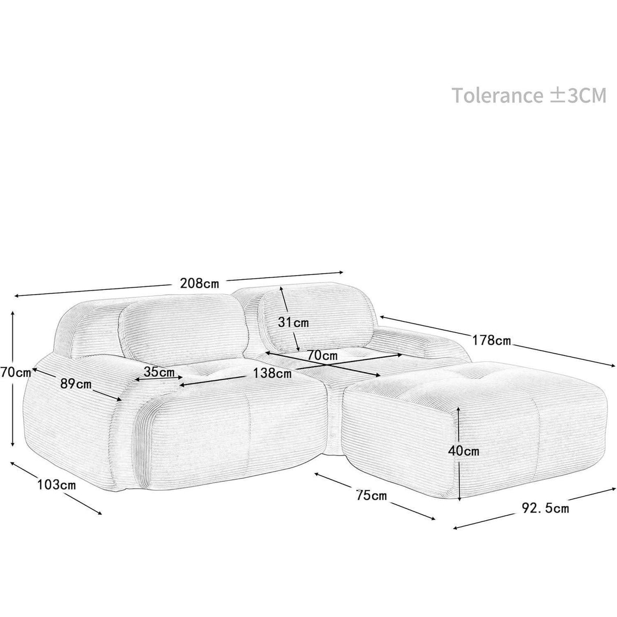 Modulares 2-Sitzer Cord Sofa mit Ottomane – Schwarz