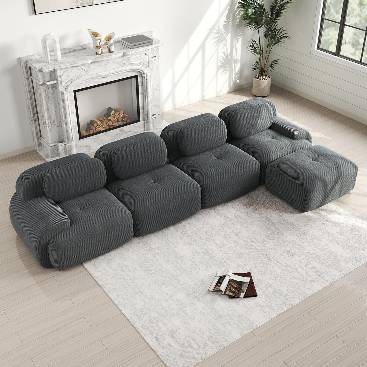 Modulares Cord Sofa 4-Sitzer mit Ottomane – Grau