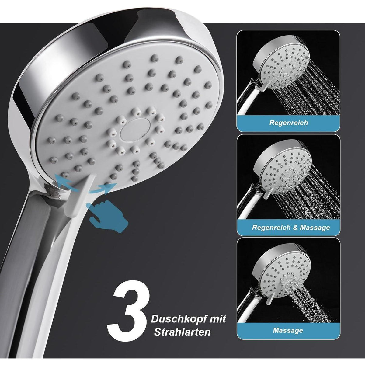 OFFO Duschset mit 3 Strahlarten & verstellbarer Duschstange