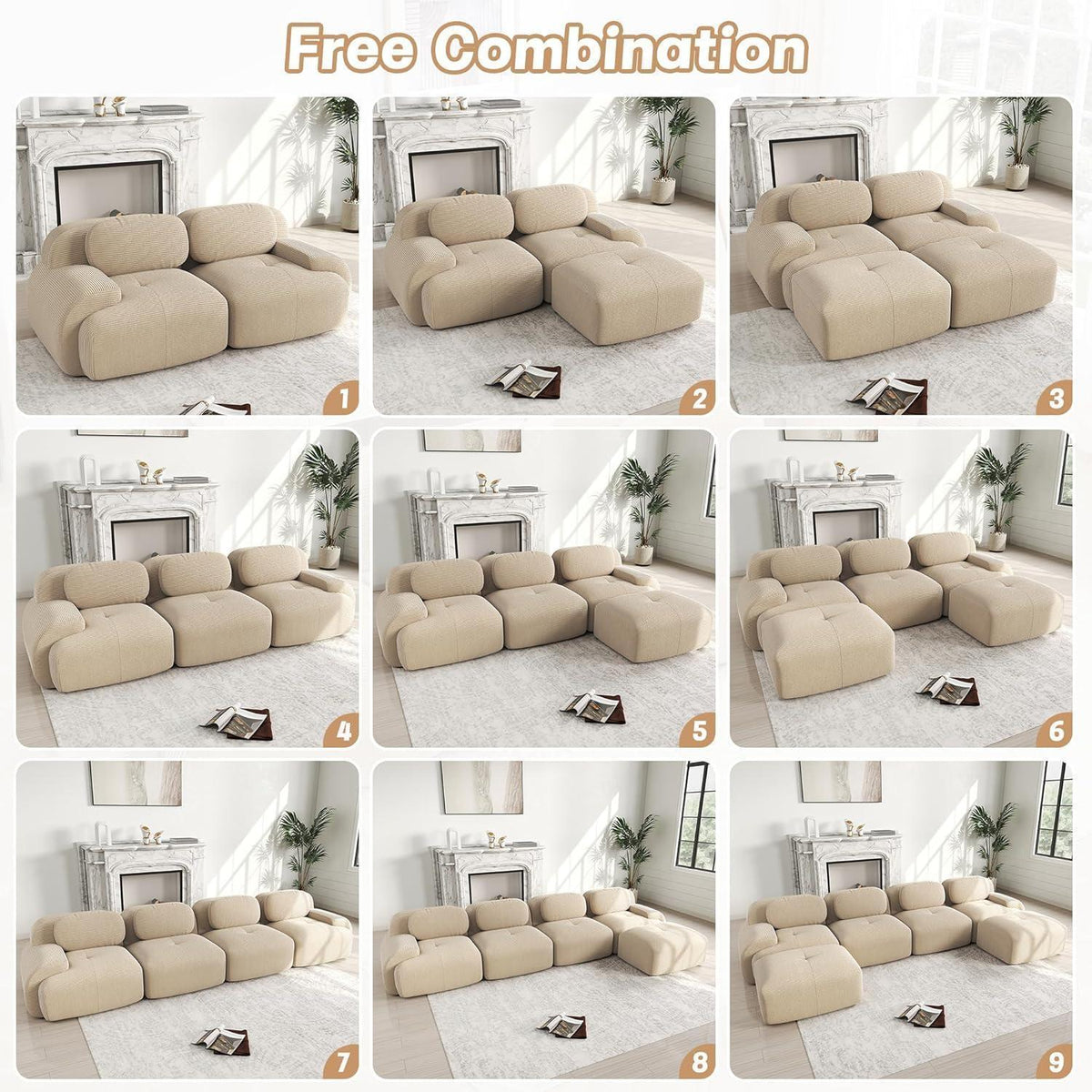 Modulares Cord Sofa 2-Sitzer mit Ottomane – Beige