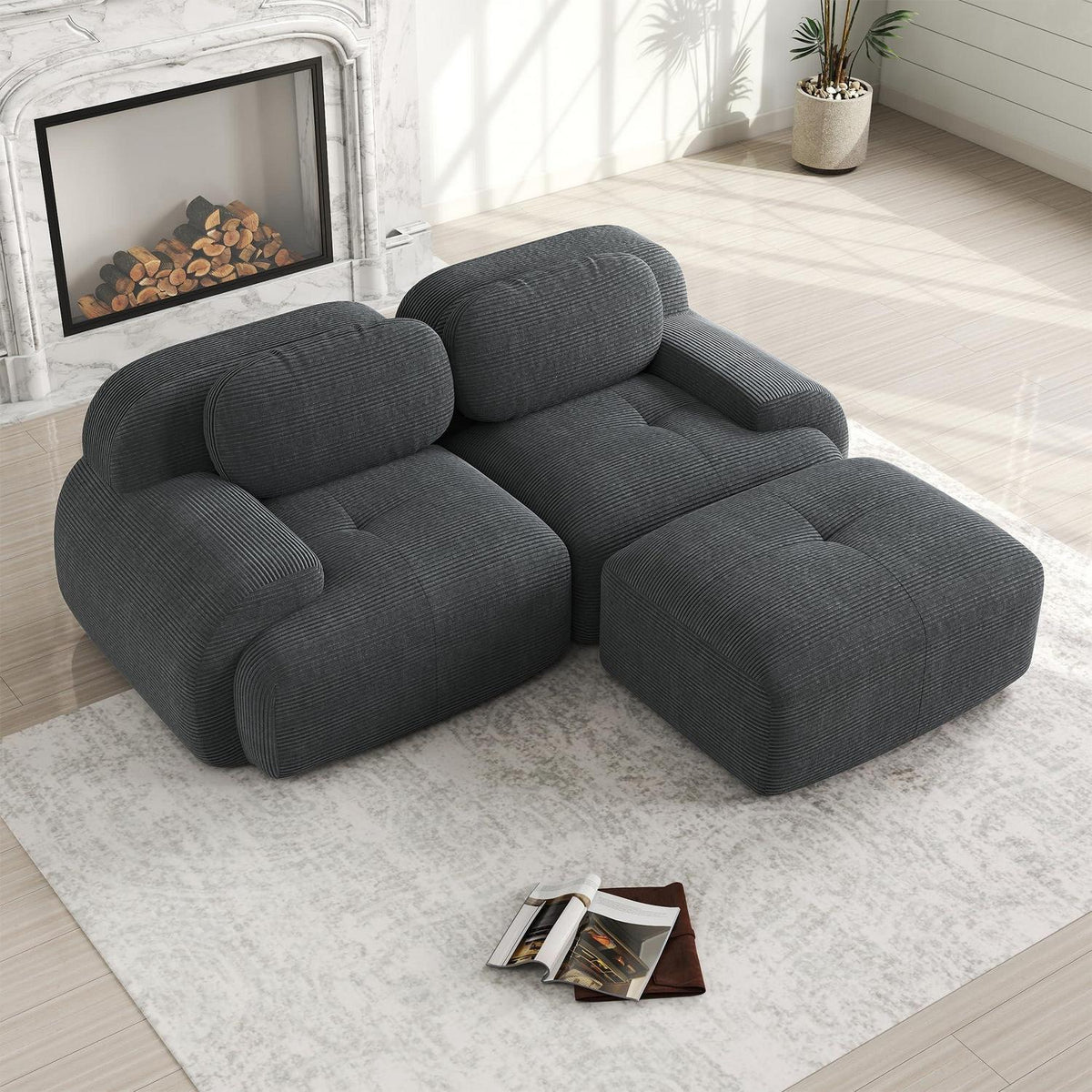 Modulares Cord Sofa 2-Sitzer mit Ottomane – Grau