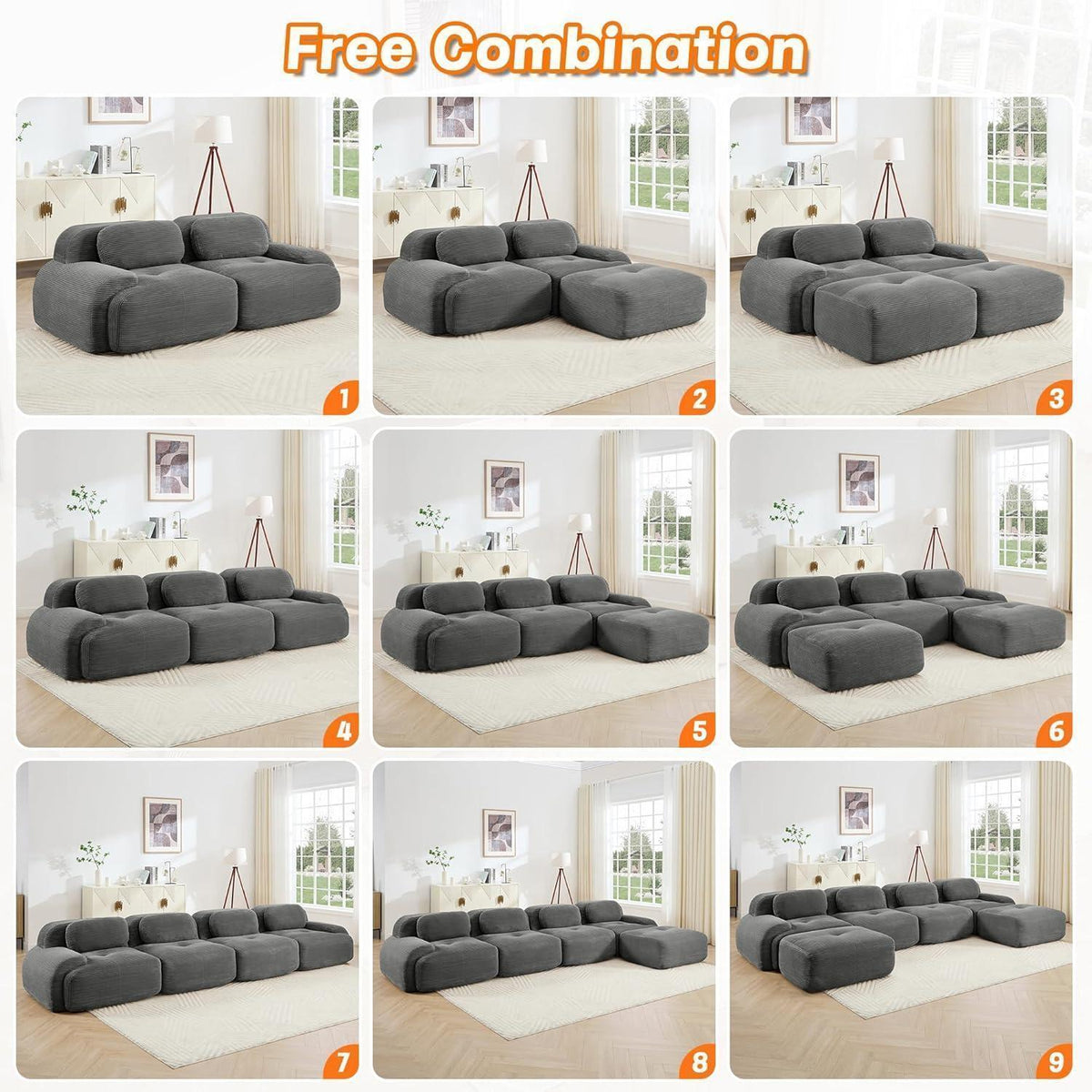 Modulares Cord Sofa 2-Sitzer mit Ottomane – Grau