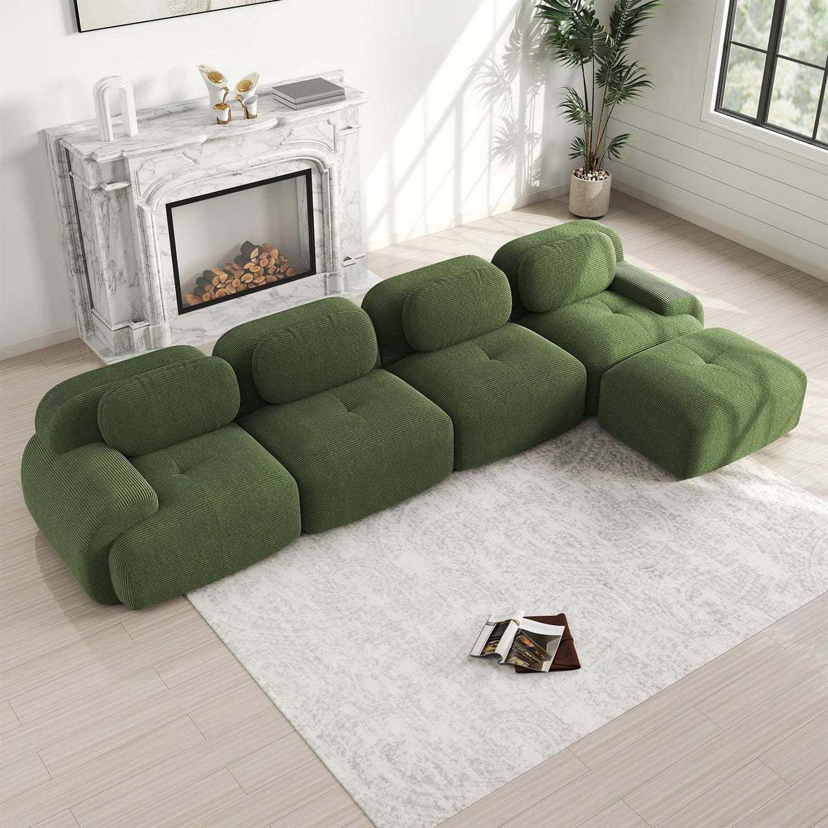 Modulares Cord Sofa 4-Sitzer mit Ottomane – Grün