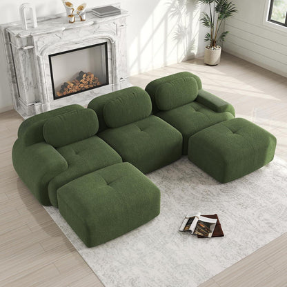 Modulares 3-Sitzer Cord Sofa mit Ottomane – Grün
