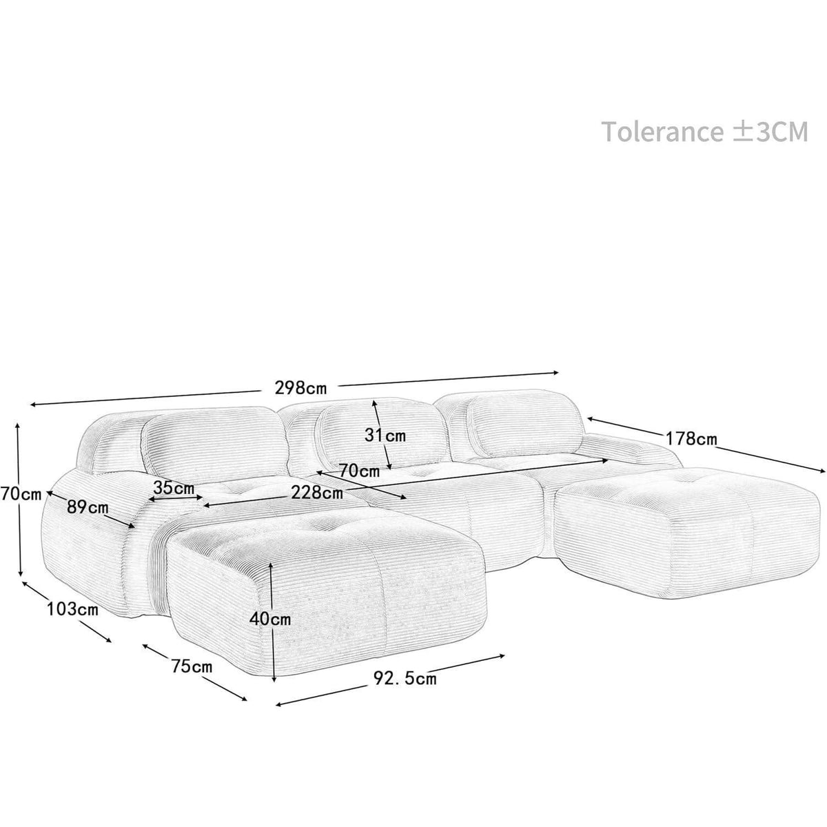 Modulares 3-Sitzer Cord Sofa mit Ottomane – Grün