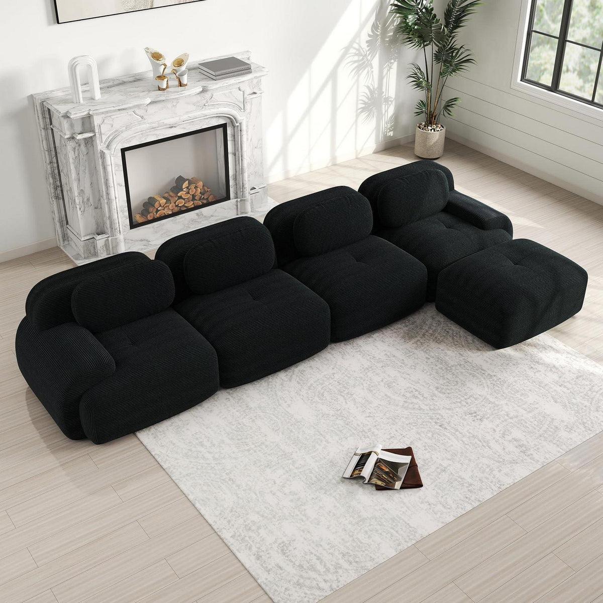 Modulares 4-Sitzer Cord Sofa mit Ottomane – Schwarz