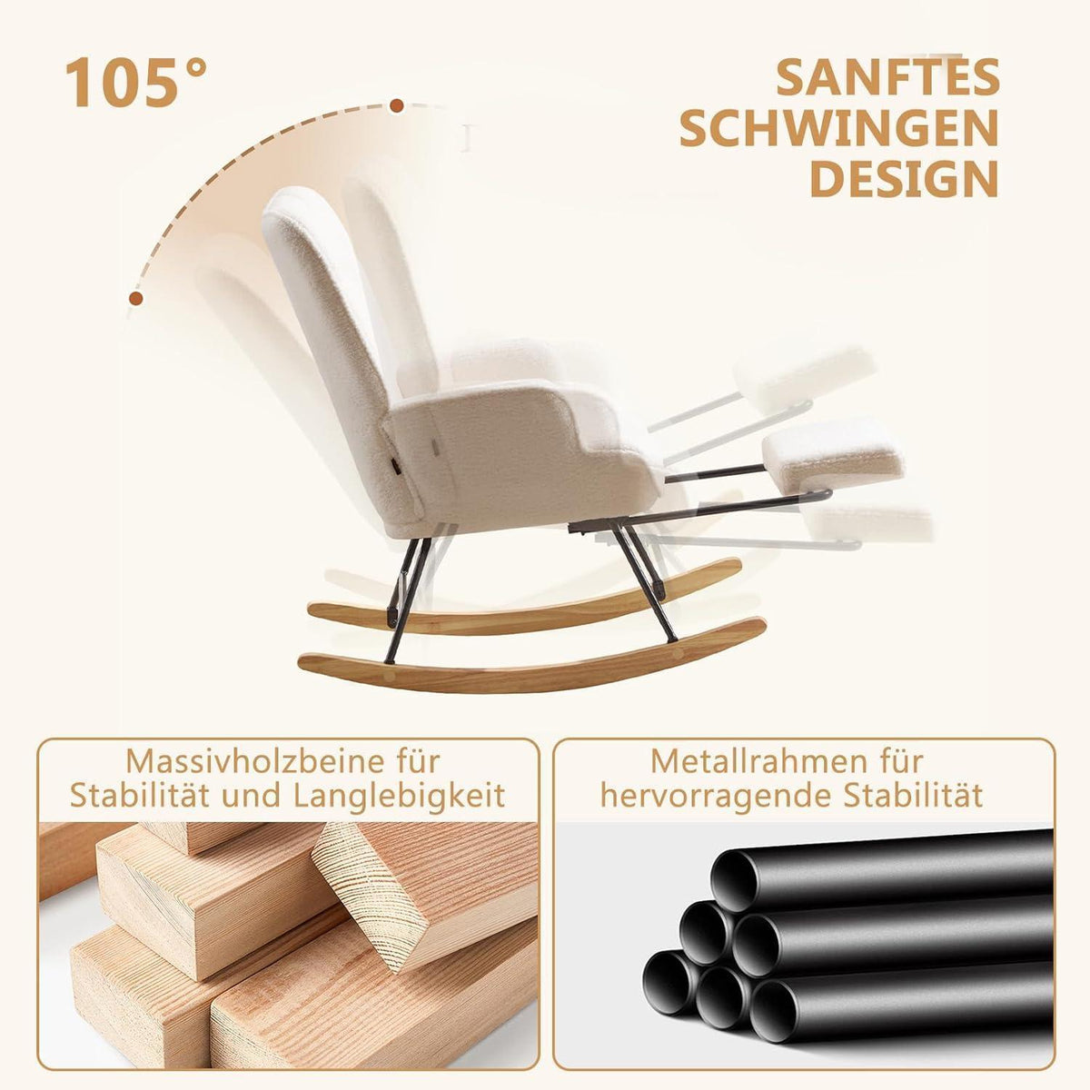 Schaukelstuhl mit Fußstütze – Bequemer Relaxsessel Elfenbeinweiß