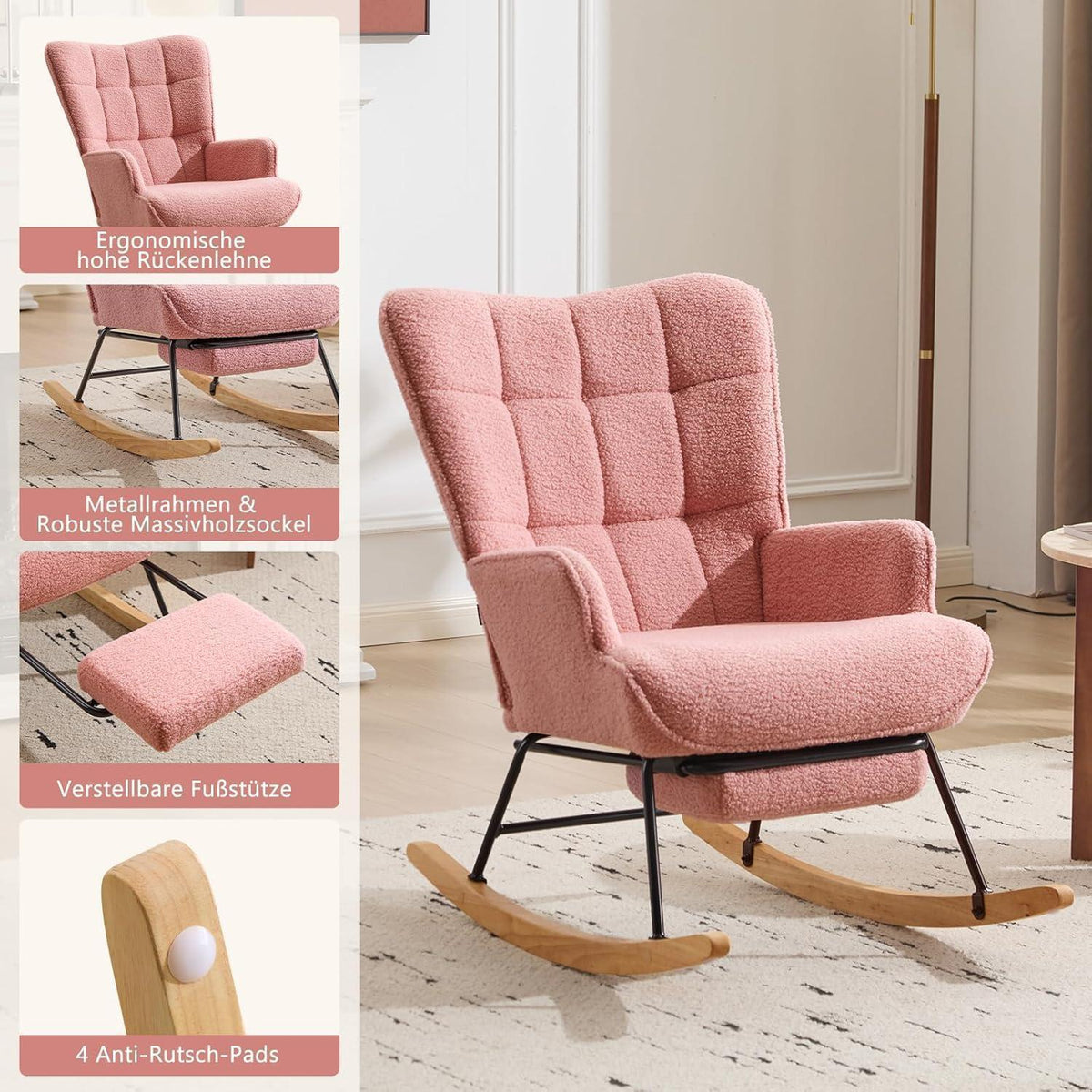 Schaukelstuhl mit Fußstütze – Rosa Relaxsessel mit Holzkufen