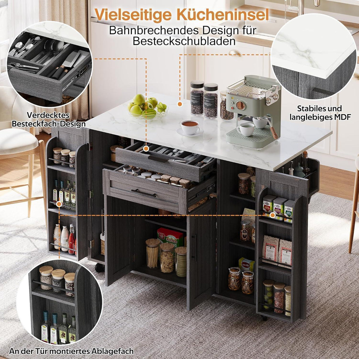 Beweglicher Küchenwagen mit Klappplatte & Schubladen Grau
