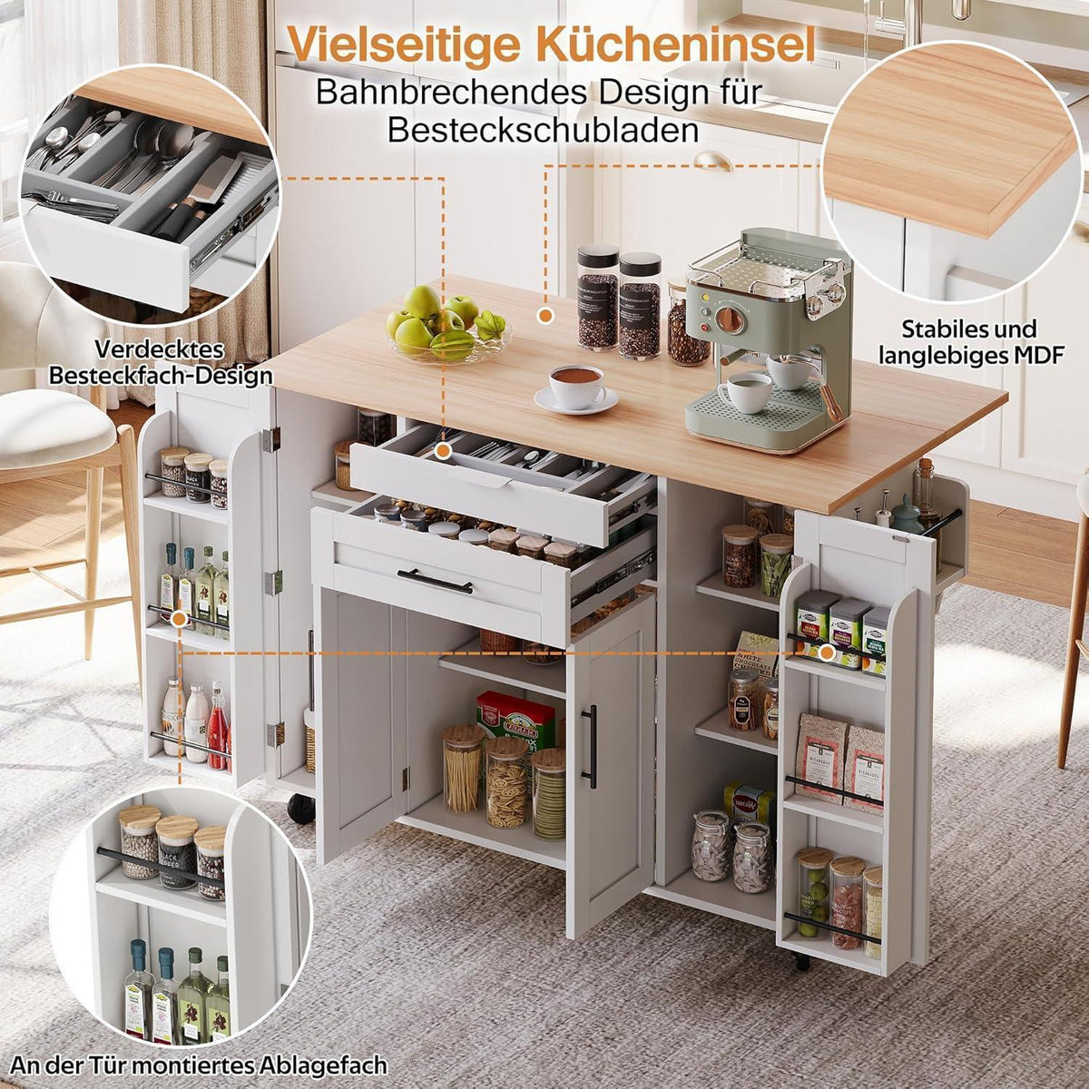 Bewegliche Kücheninsel mit Klappplatte & Schubladen Weiß