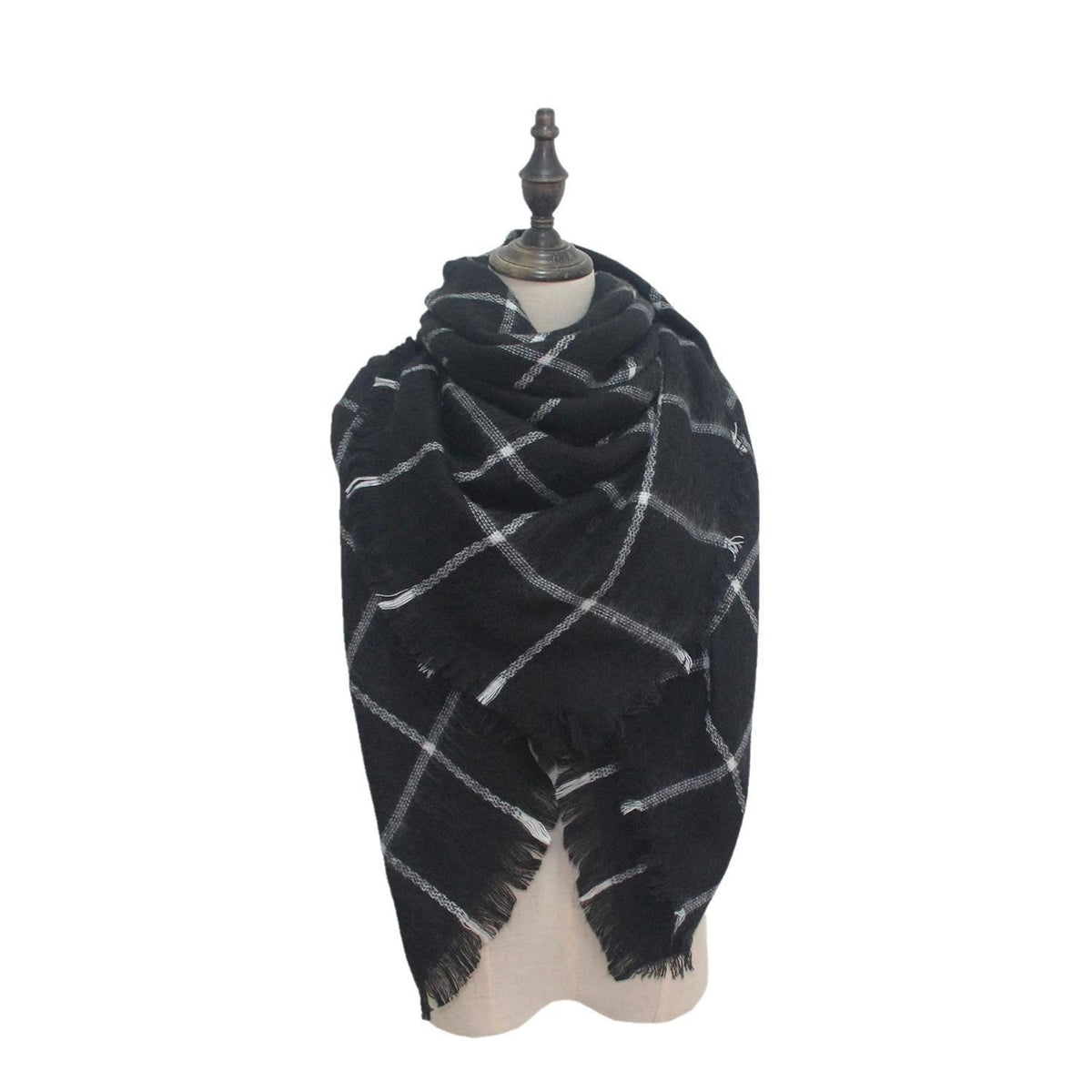 Damen Schal Imitation Kaschmir Kariert 140x140cm Schwarz