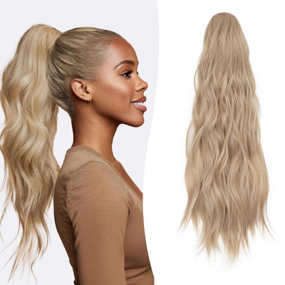 Gewellter Pferdeschwanz-Clip, Aschblond-Mix, 66 cm