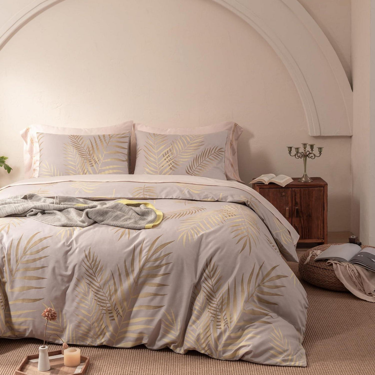 Mikrofaser Bettwäsche-Set 220x240 cm Beige Blätter-Design