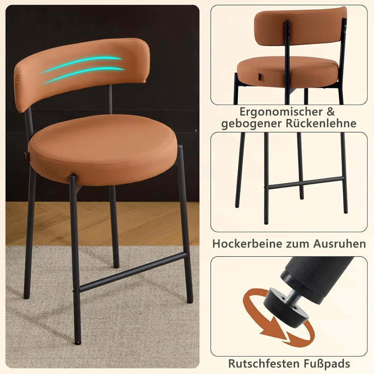 Barhocker Set 3er – Braun, 63,5cm Sitzhöhe in Lederoptik