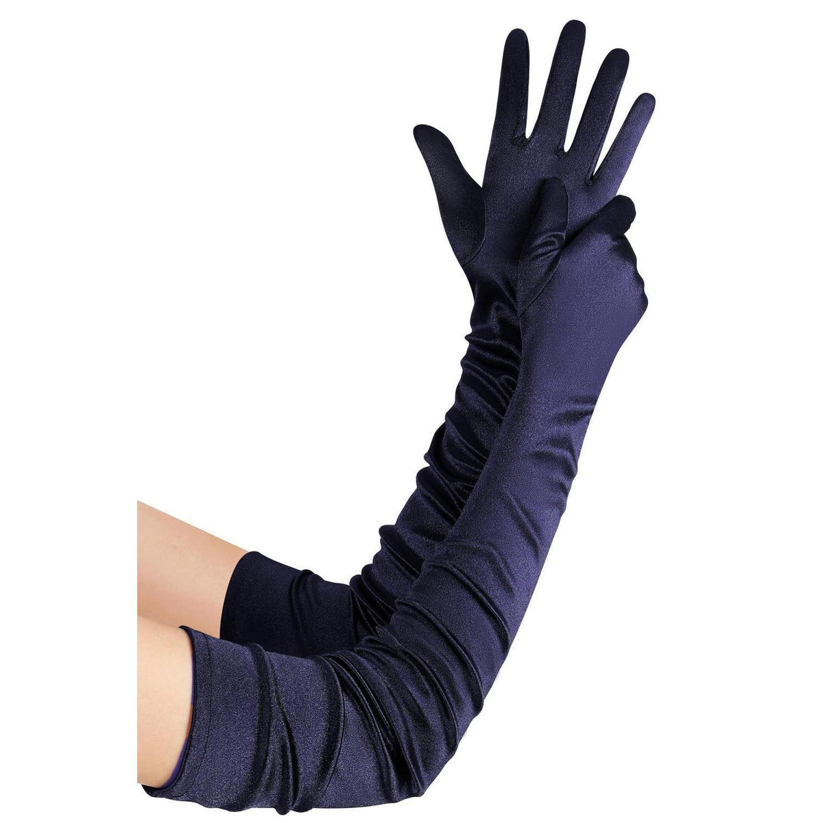 Lange Satinhandschuhe Damen Marineblau 70cm