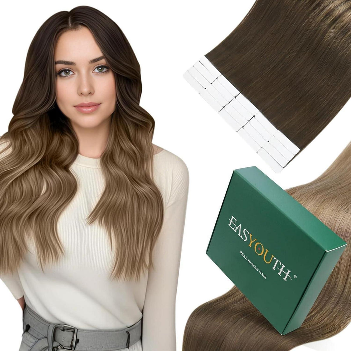 Echthaar Tape Extensions Braun Ombre 40cm - Natürliche Verlängerung