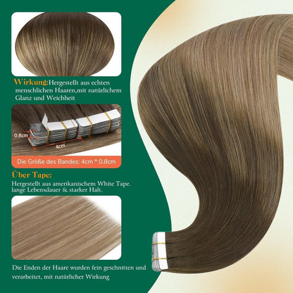 Echthaar Tape Extensions Braun Ombre 40cm - Natürliche Verlängerung