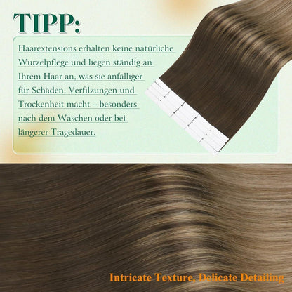 Echthaar Tape Extensions Braun Ombre 40cm - Natürliche Verlängerung