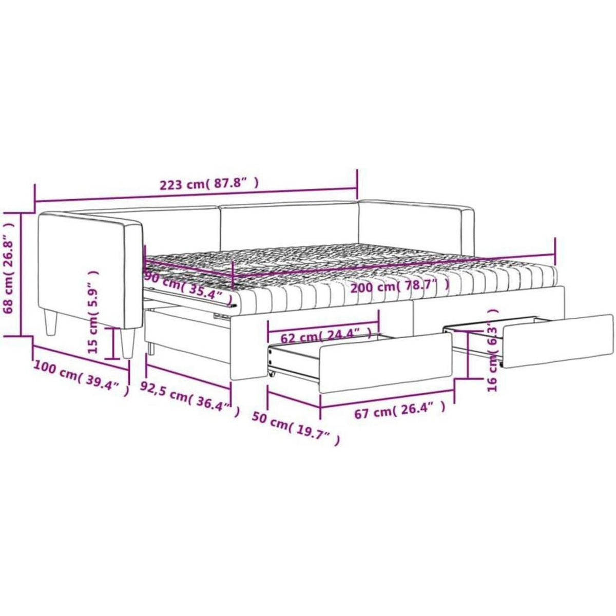 2-in-1 Schlafsofa mit Bettkasten & Schublade, 90x200 cm