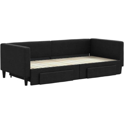 Schlafsofa 2-Sitzer Schwarz – Ausziehbett mit Bettkasten & Schublade