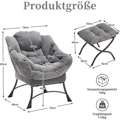 Moderner Ohrensessel mit Hocker & Seitentasche – Cord Grau