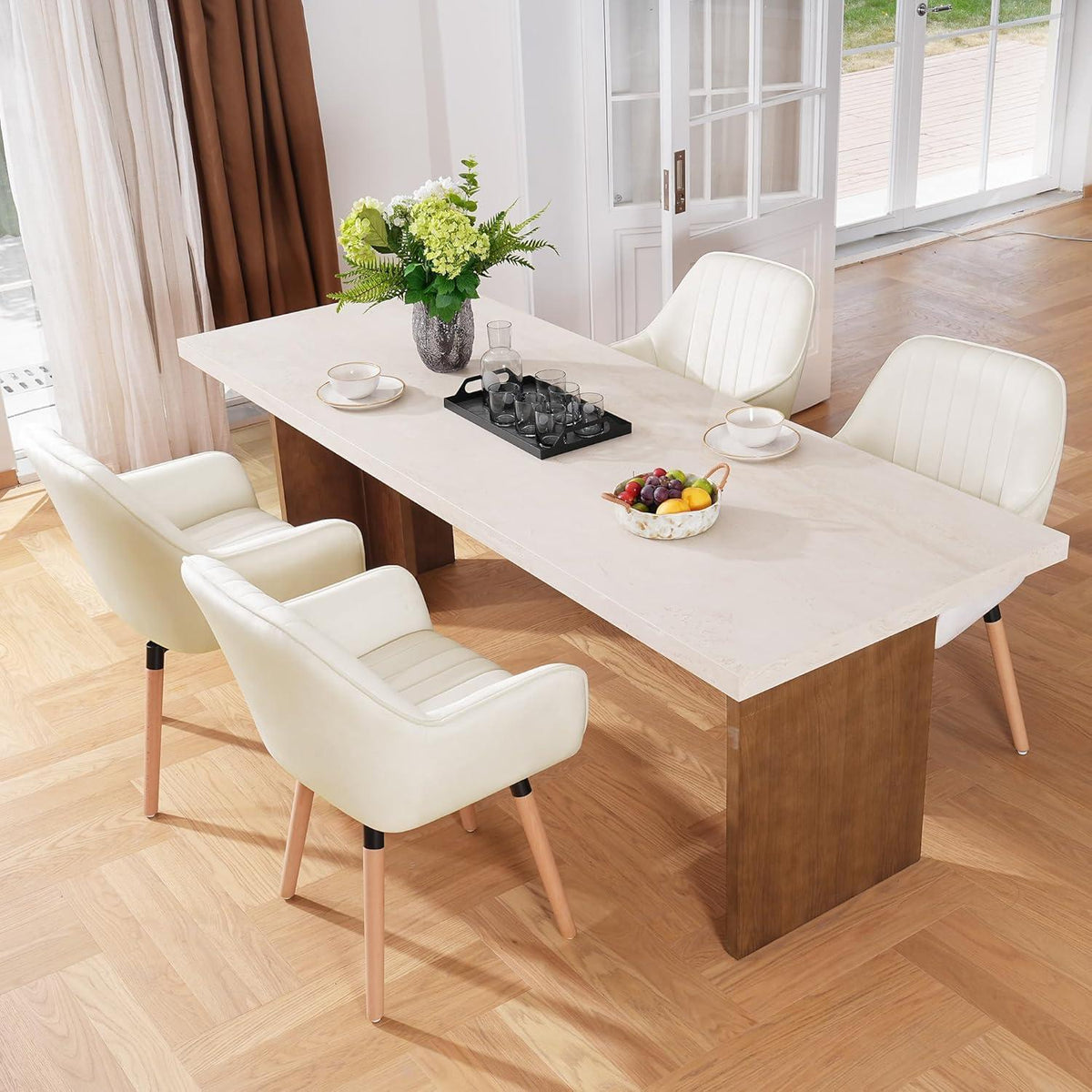 Esszimmerstühle 6er Set, 360° Drehbar, Cremeweiß Samt