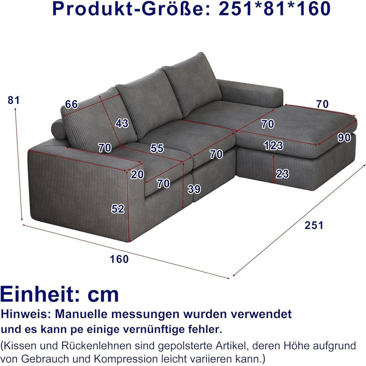 Ecksofa mit Schlaffunktion 250x160 cm – Dunkelgrau