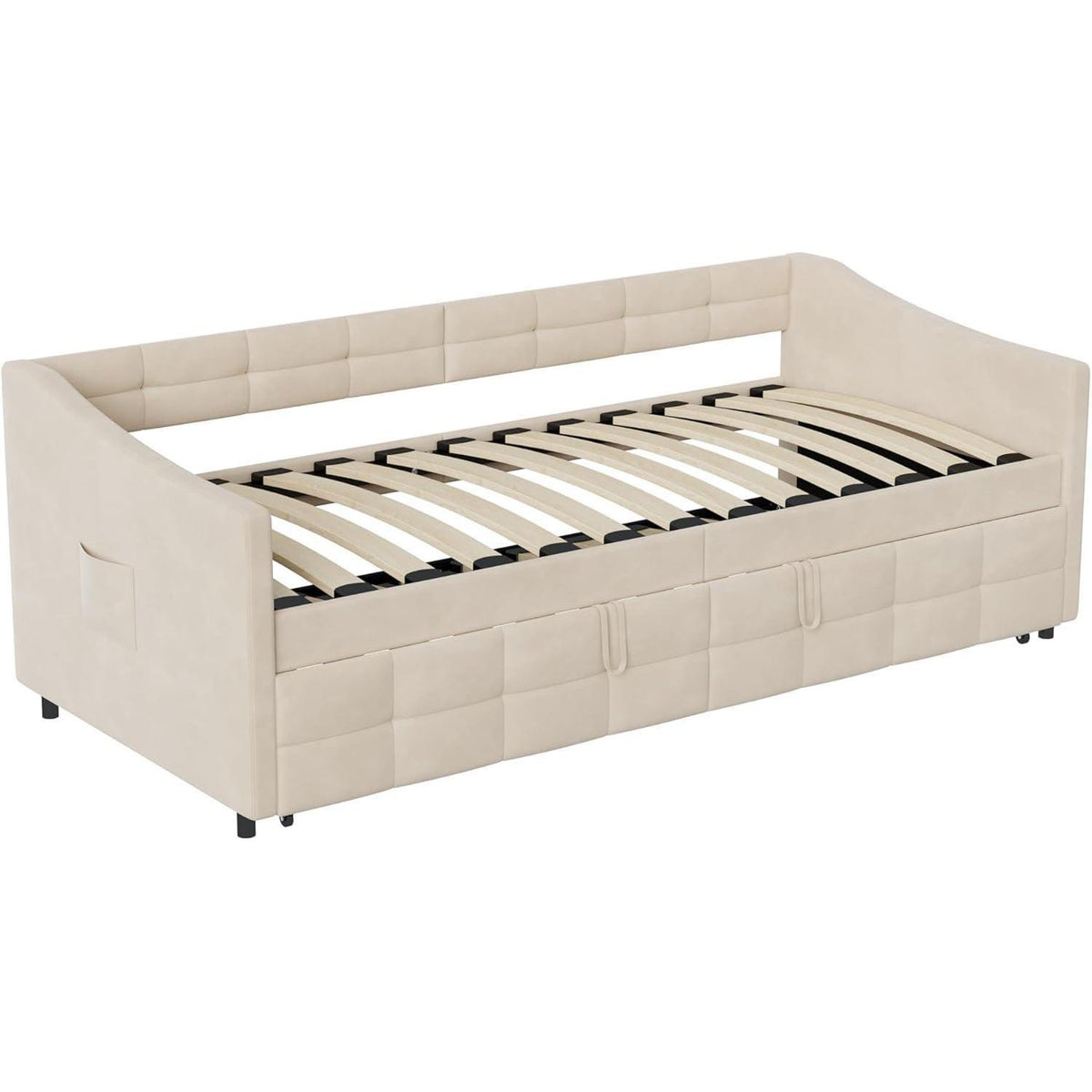 Ausziehbett 180x200 cm mit Seitentaschen & Flanellbezug (Creme)