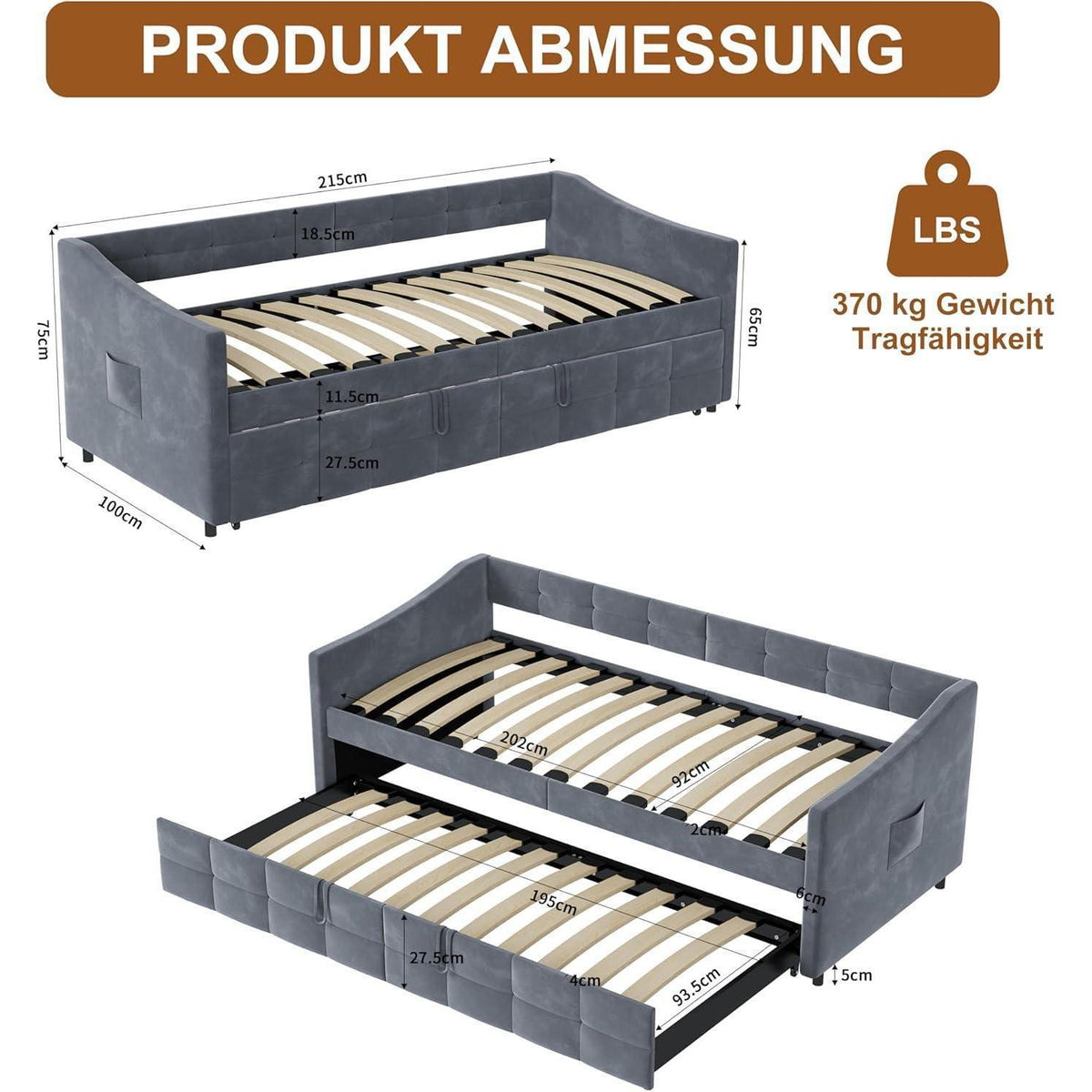 Ausziehbett 180x200 cm – Schlafcouch mit Flanell Grau