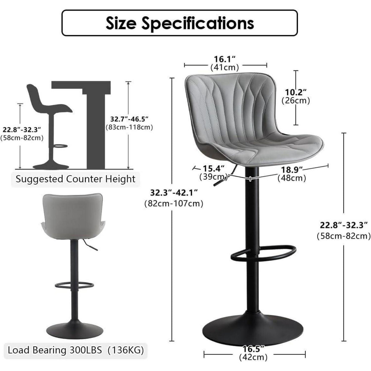 Drehbarer Barhocker 2er Set, Höhenverstellbar, Grau