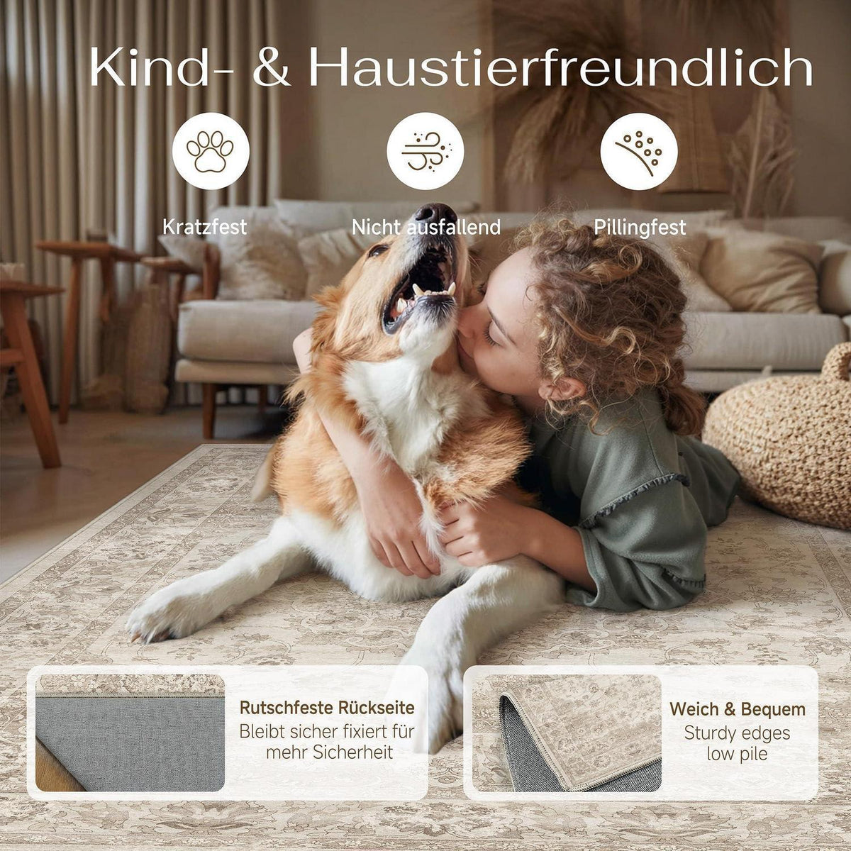 Beiger Wohnteppich 200x300cm – Waschbar & Vintage Kurzflor