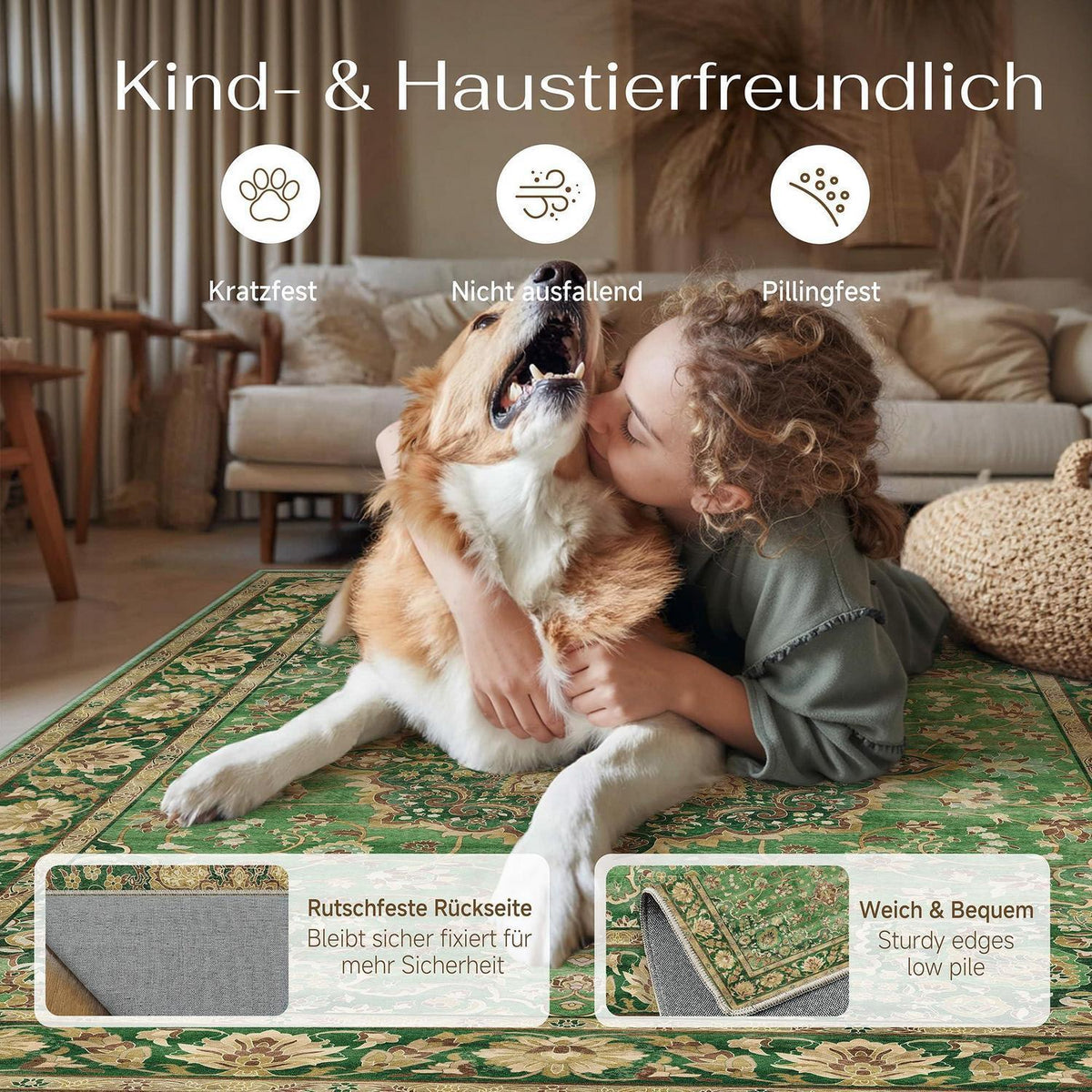 Waschbarer Teppich Grün Gold 200x300cm – Vintage Kurzflor